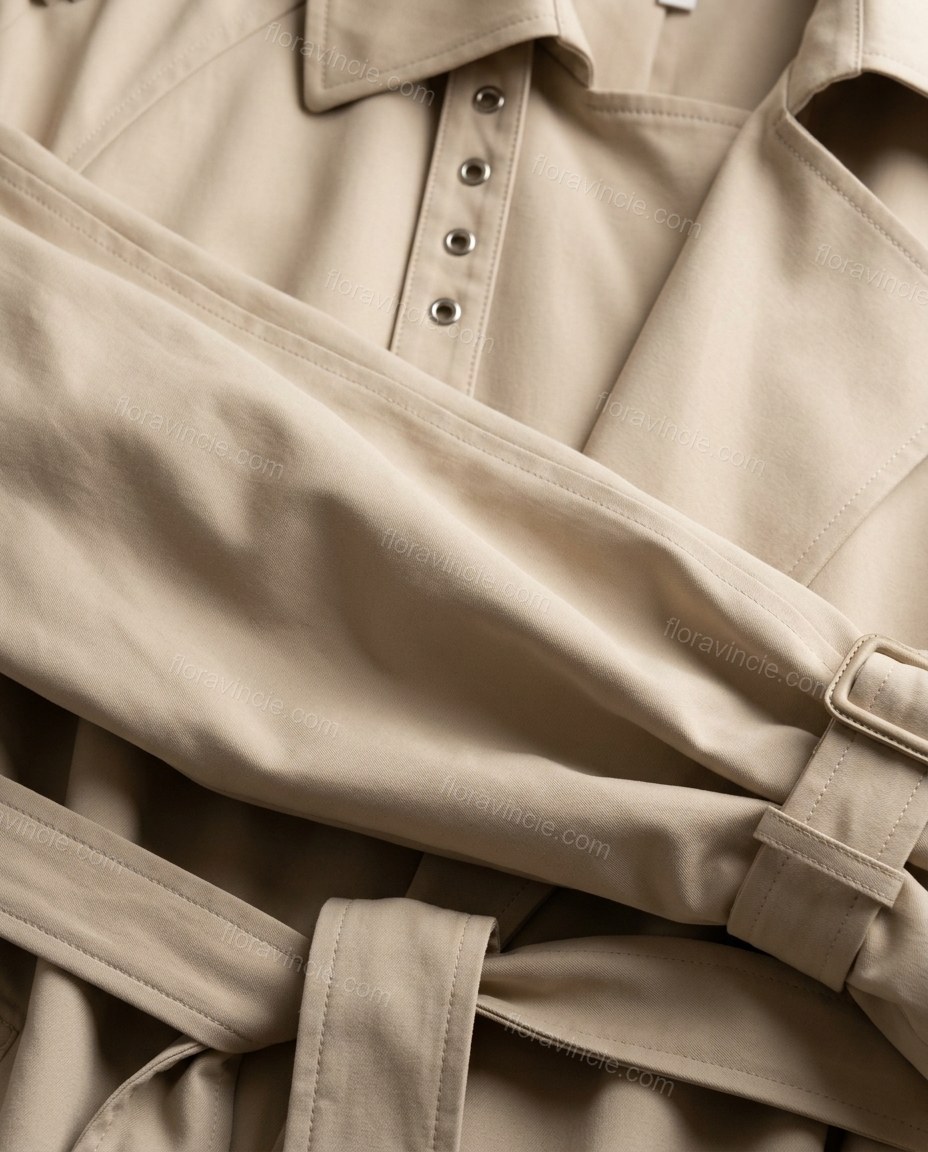 Beige Pleated Coat, close-up of double-breasted closure, storm flaps and epaulets, by Floravincie