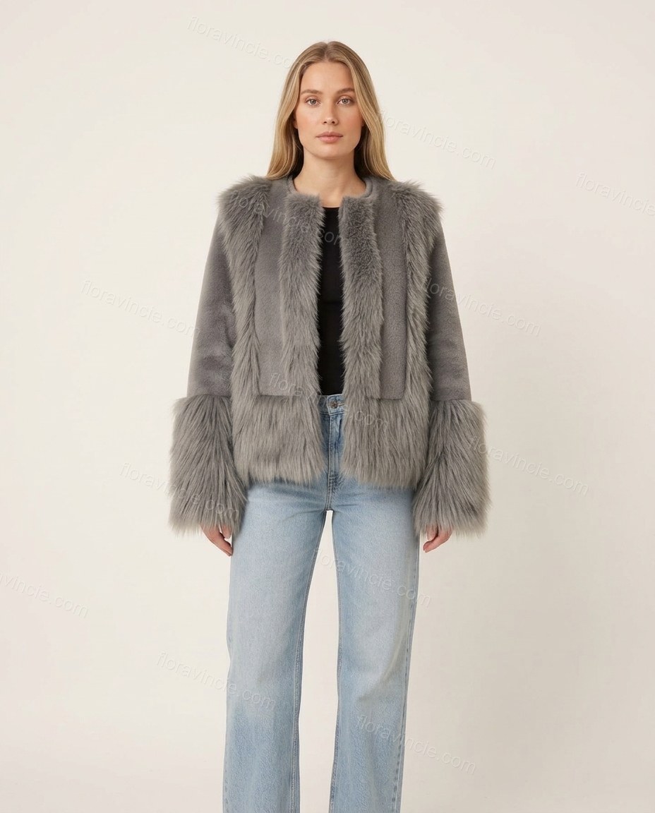 Gray Faux-Fur Jacket, front studio view, by Floravincie