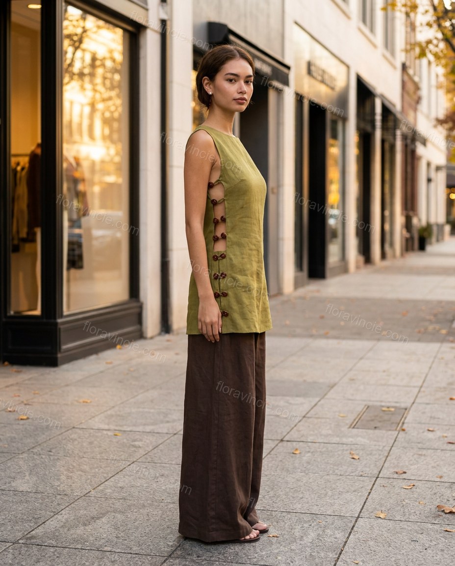 Green Tunic & Pants Set, three-quarter brand lifestyle view, by Floravincie