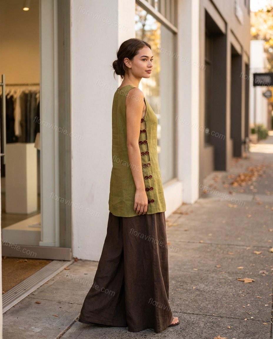 Green Tunic & Pants Set, movement and fit lifestyle view, by Floravincie