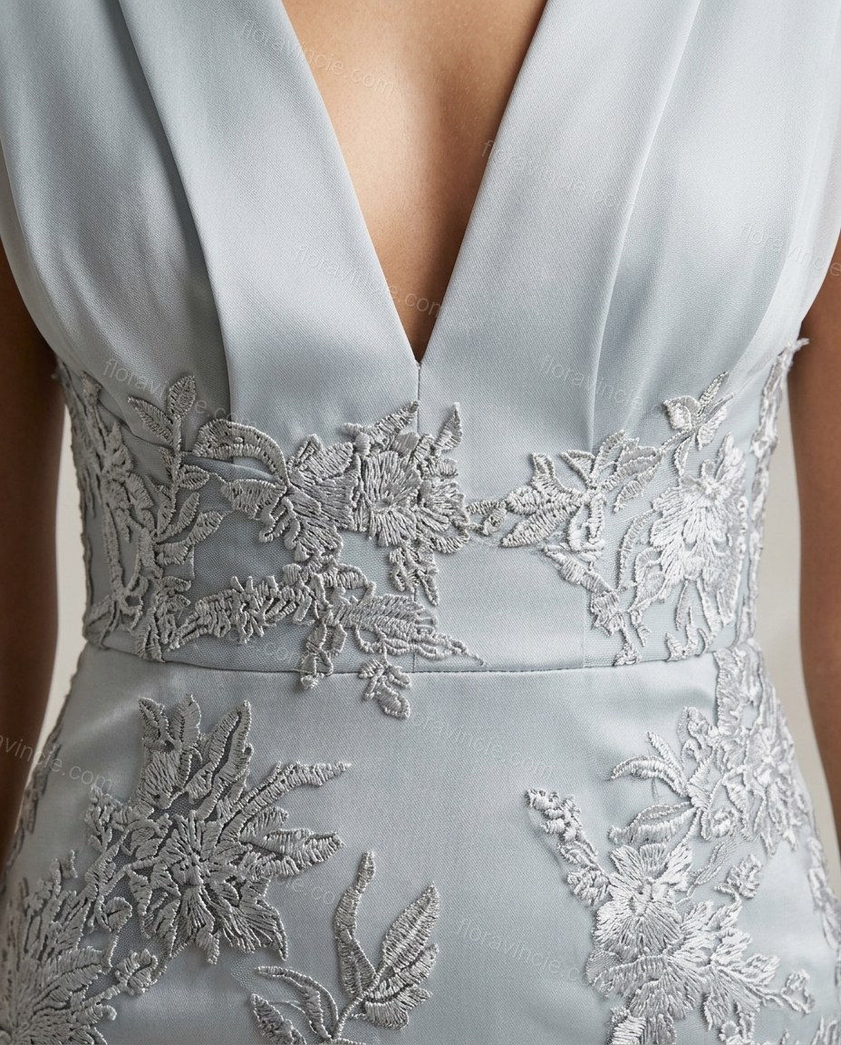 Light Blue-grey Floral Maxi Embroidered Dress, close-up of floral embroidery, by Floravincie