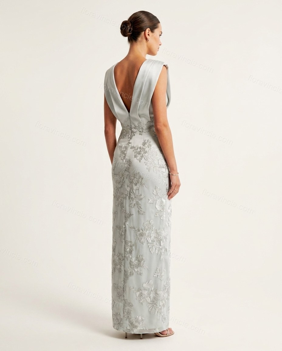 Light Blue-grey Floral Maxi Embroidered Dress, back studio view showing v-shaped back with no visible details, by Floravincie