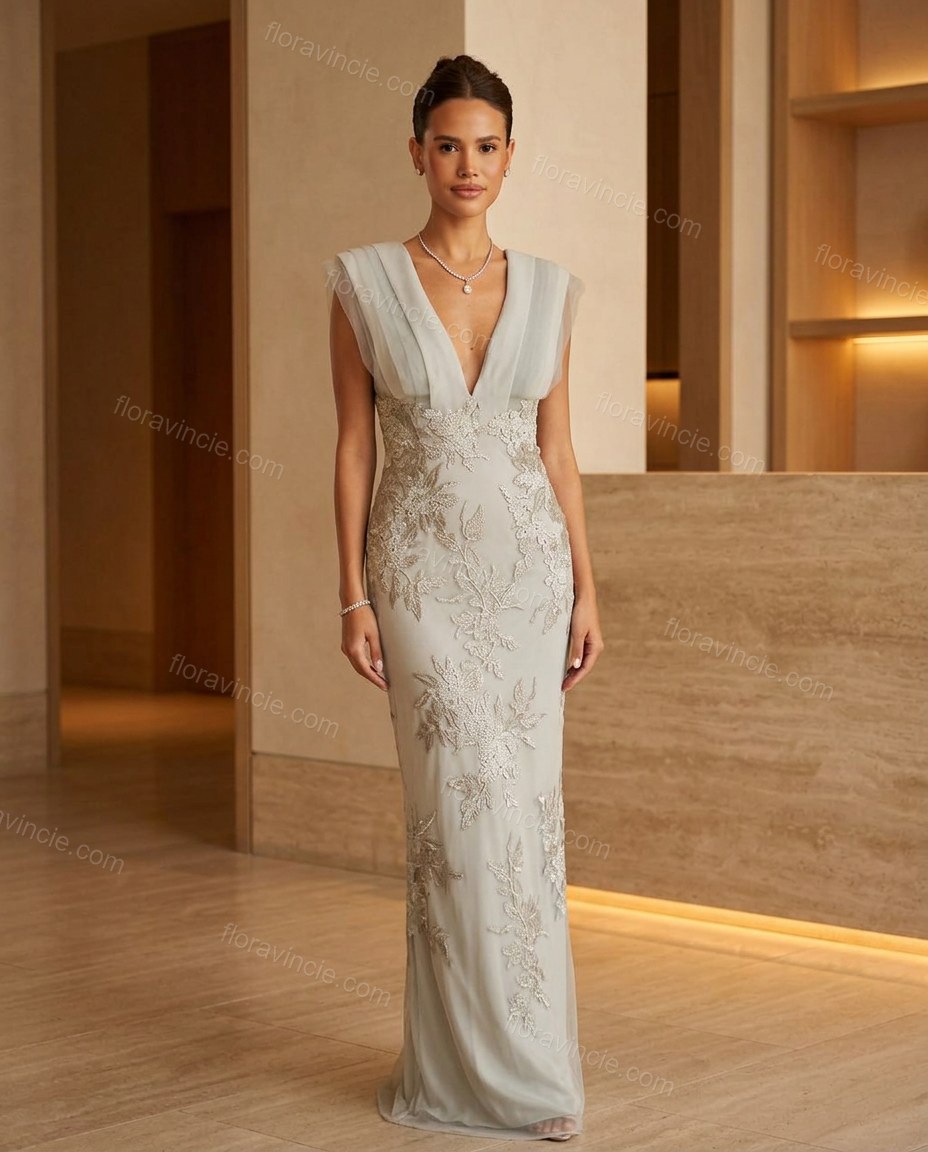 Light Blue-grey Floral Maxi Embroidered Dress, full-length hero view, by Floravincie
