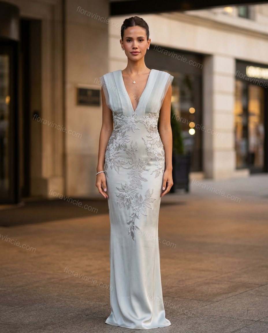 Light Blue-grey Floral Maxi Embroidered Dress, movement and fit lifestyle view, by Floravincie