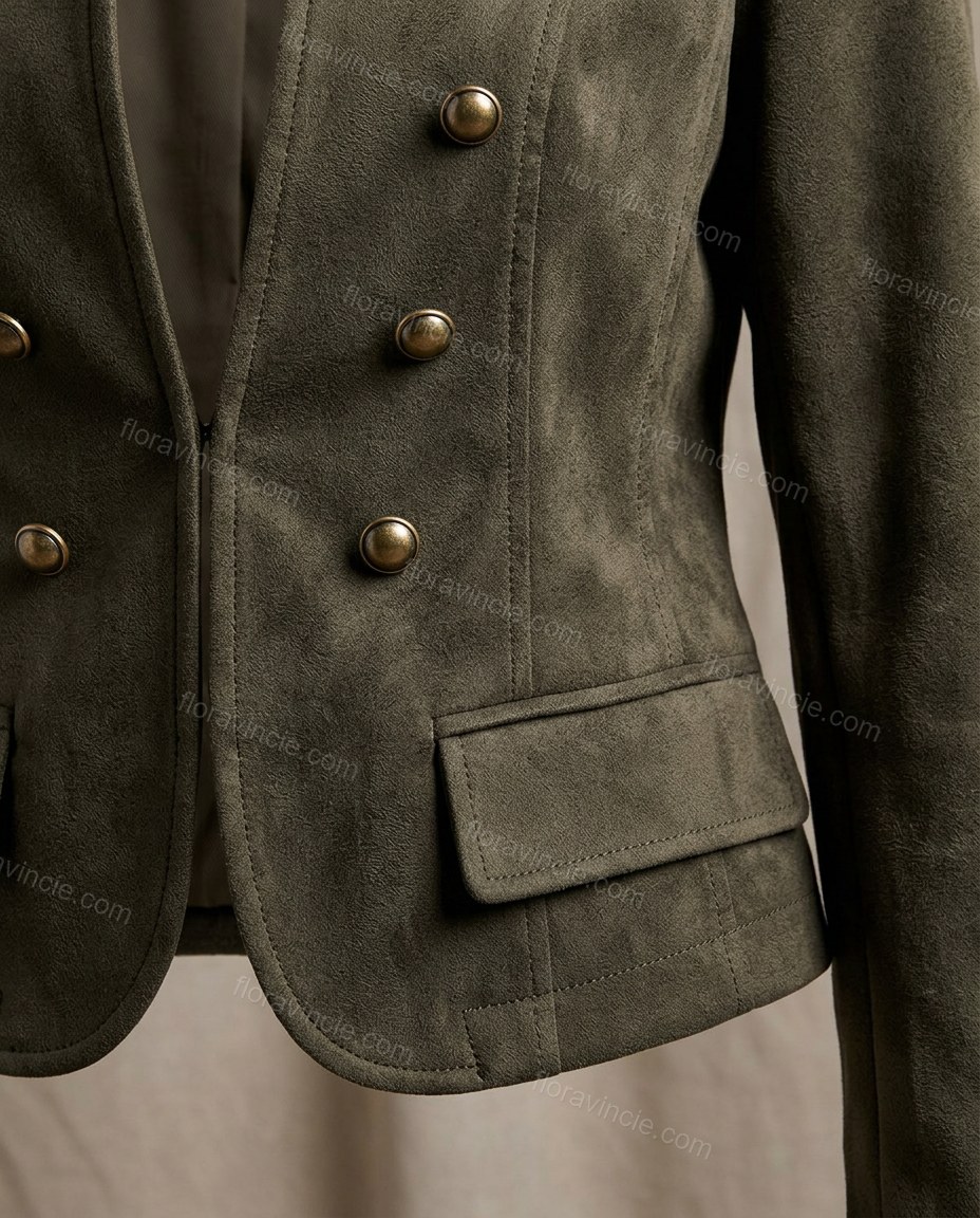 Dark Olive Green Two-Piece Set, close-up of lapels, decorative buttons and flap pockets, by Floravincie