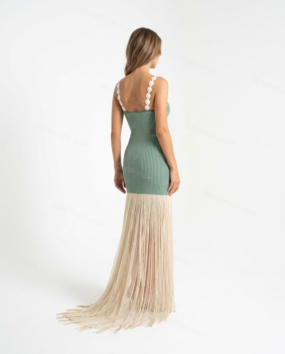 Muted Green Striped Fringe Bottom, back studio view showing fitted back with no visible details, by Floravincie