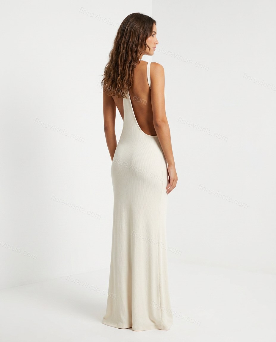 Off-white Open-Back Dress, back studio view, by Floravincie