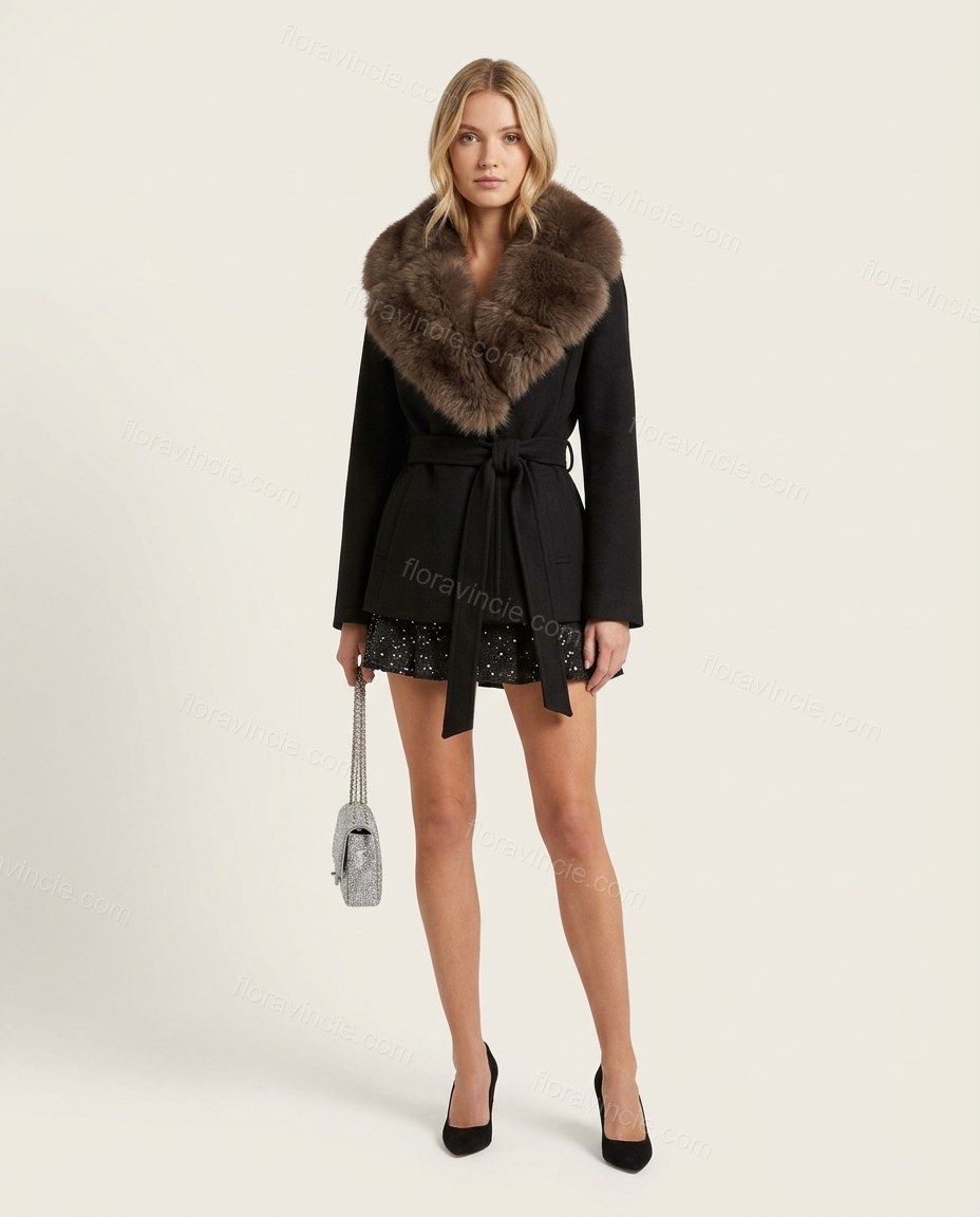 Black Faux-Fur Jacket, front studio view, by Floravincie