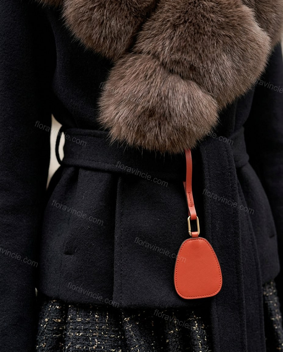 Black Faux-Fur Jacket, close-up of brown accents, fur collar and self-tie waist, by Floravincie