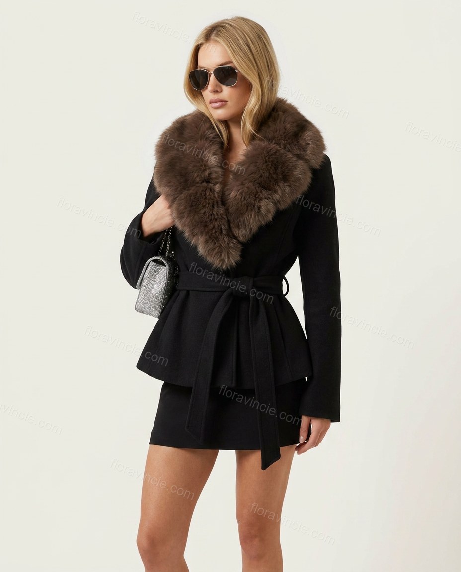 Black Faux-Fur Jacket, side and back studio view, by Floravincie
