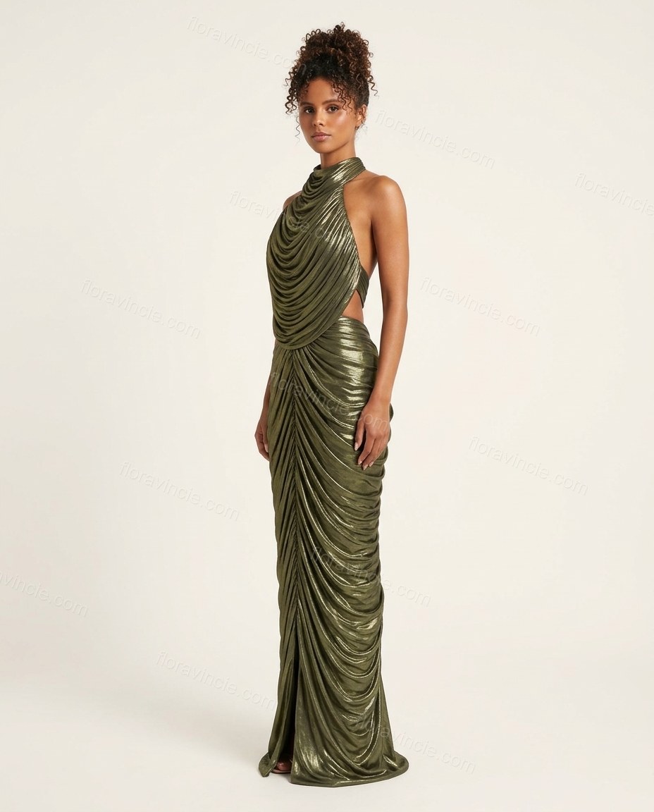 Olive Green Maxi Open-Back Cowl-Neck Dress, side and back studio view, by Floravincie