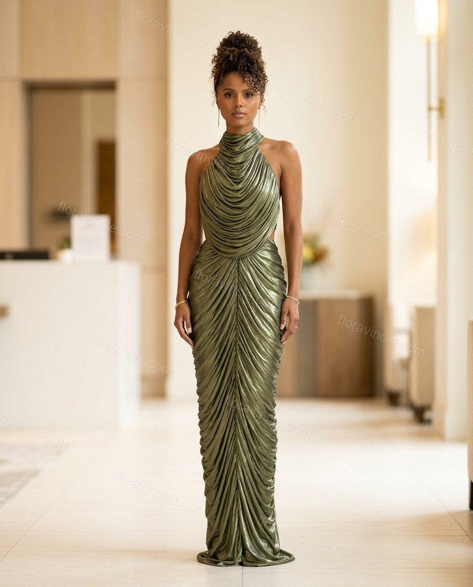 Olive Green Maxi Open-Back Cowl-Neck Dress, full-length hero view, by Floravincie
