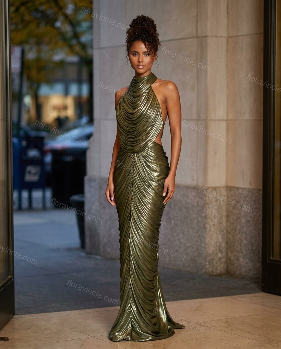 Olive Green Maxi Open-Back Cowl-Neck Dress, three-quarter brand lifestyle view, by Floravincie