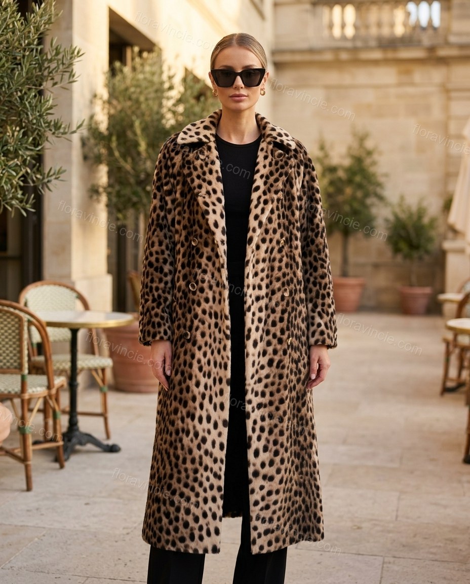 Beige Leopard Print Coat, three-quarter brand lifestyle view, by Floravincie