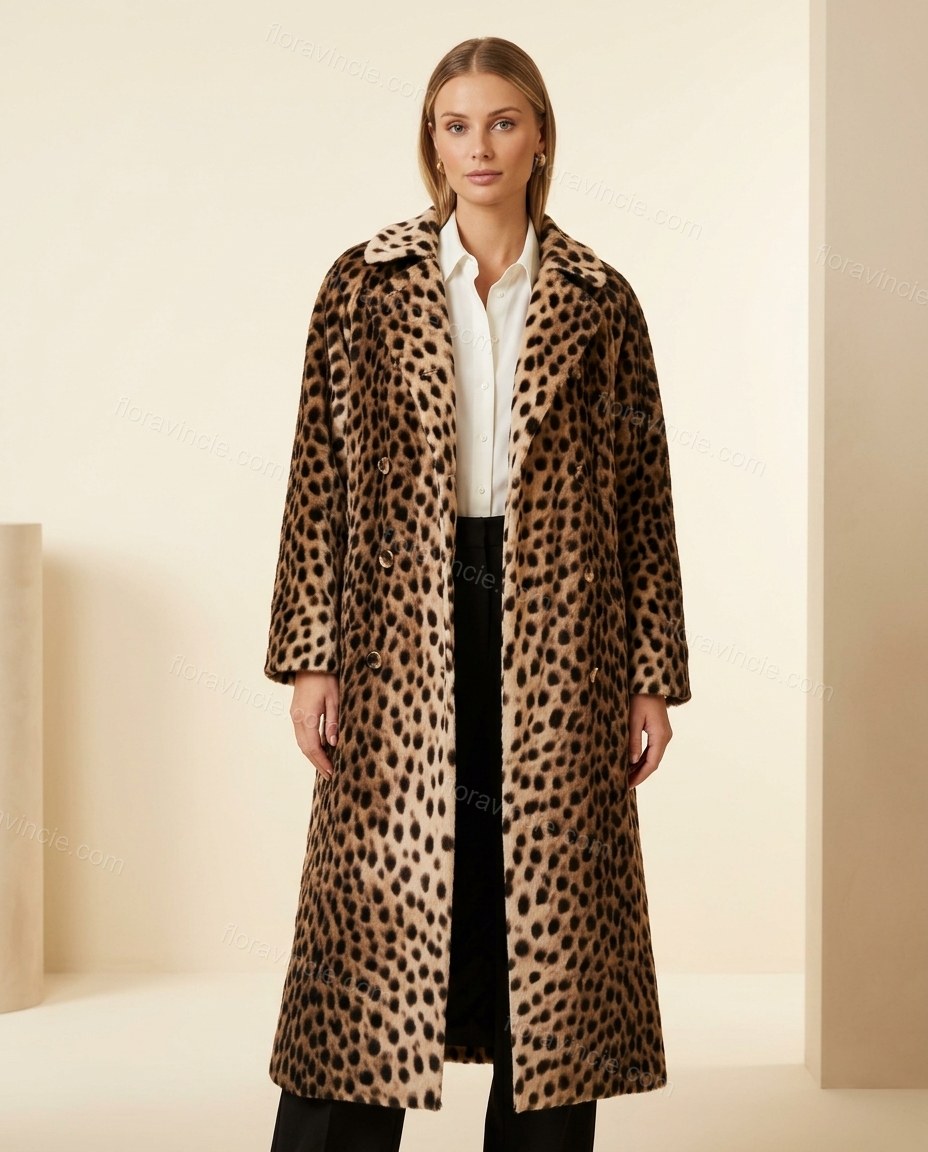 Beige Leopard Print Coat, full-length hero view, by Floravincie