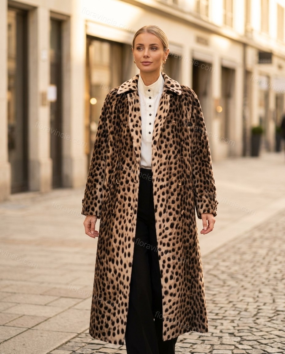 Beige Leopard Print Coat, walking lifestyle view, by Floravincie
