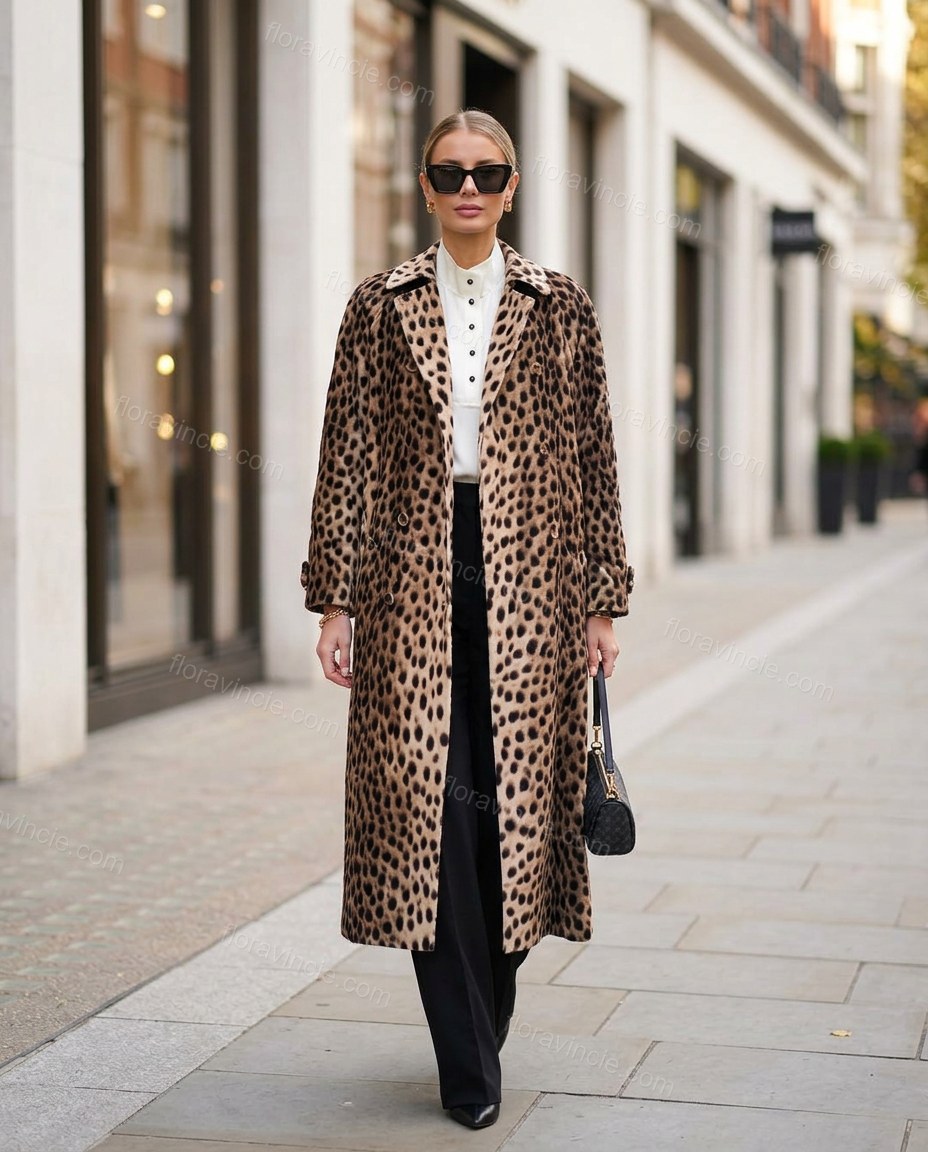 Beige Leopard Print Coat, movement and fit lifestyle view, by Floravincie