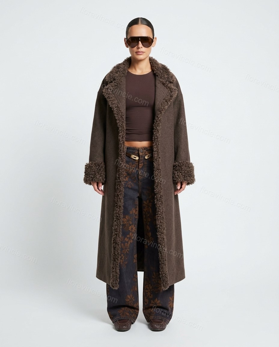 Dark Brown Lace Faux Shearling Trim Dropped Shoulders Statement Jacket by Floravincie