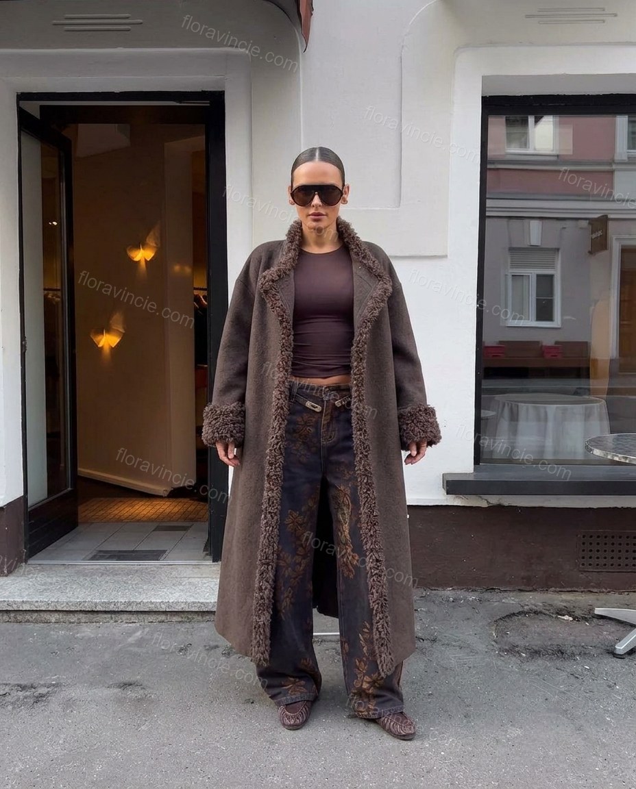 Dark Brown Lace Faux Shearling Trim Dropped Shoulders Statement Jacket by Floravincie