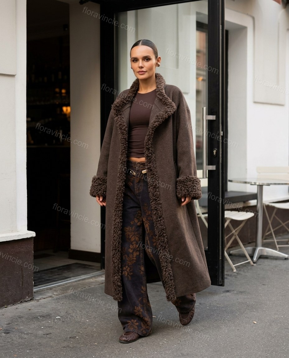 Dark Brown Lace Faux Shearling Trim Dropped Shoulders Statement Jacket by Floravincie