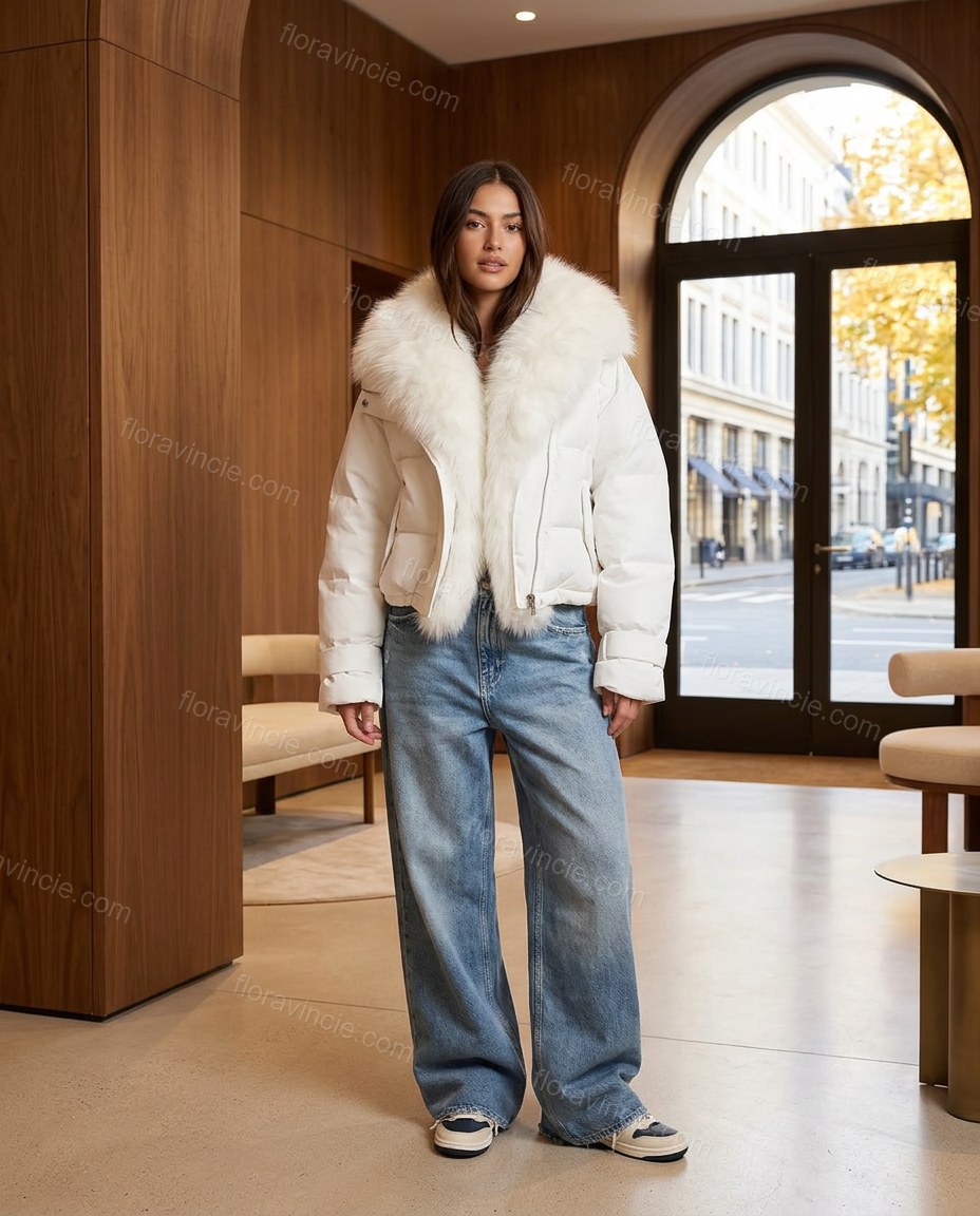 White Faux-Fur Jacket, full-length hero view, by Floravincie