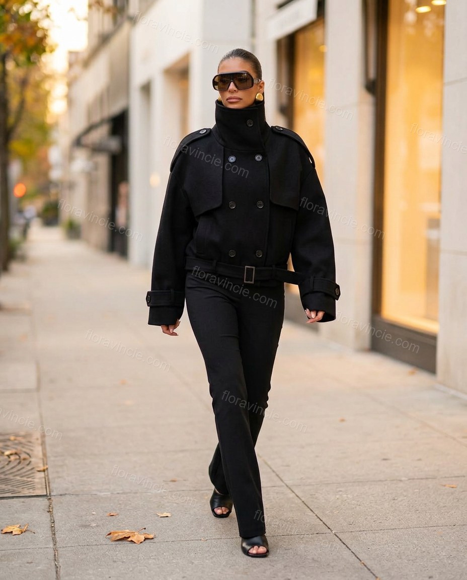 Black Coat, movement and fit lifestyle view, by Floravincie