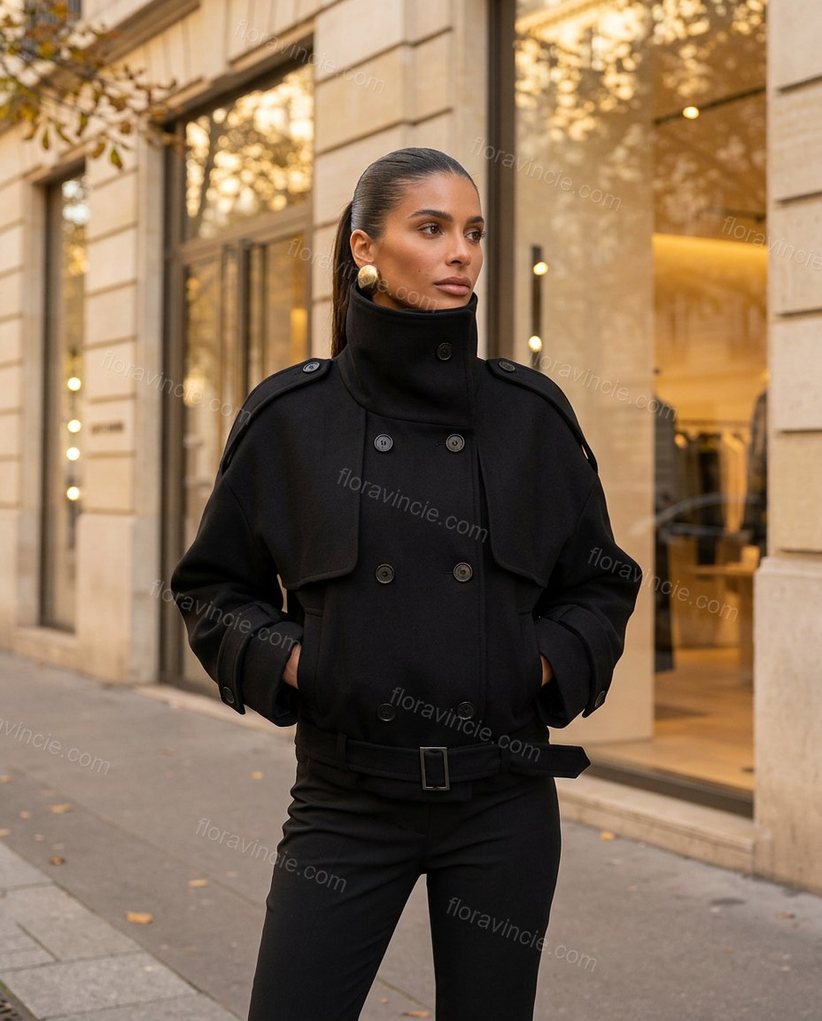 Black Coat, three-quarter brand lifestyle view, by Floravincie