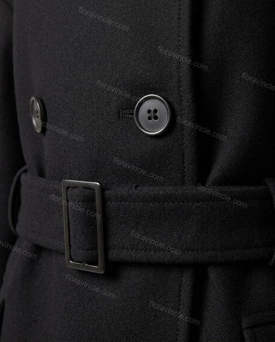 Black Coat, close-up of double-breasted, belted and high stand collar, by Floravincie
