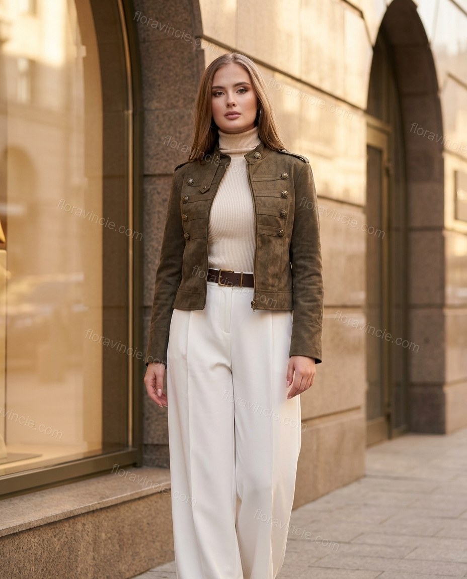 Olive Green Jacket, three-quarter brand lifestyle view, by Floravincie