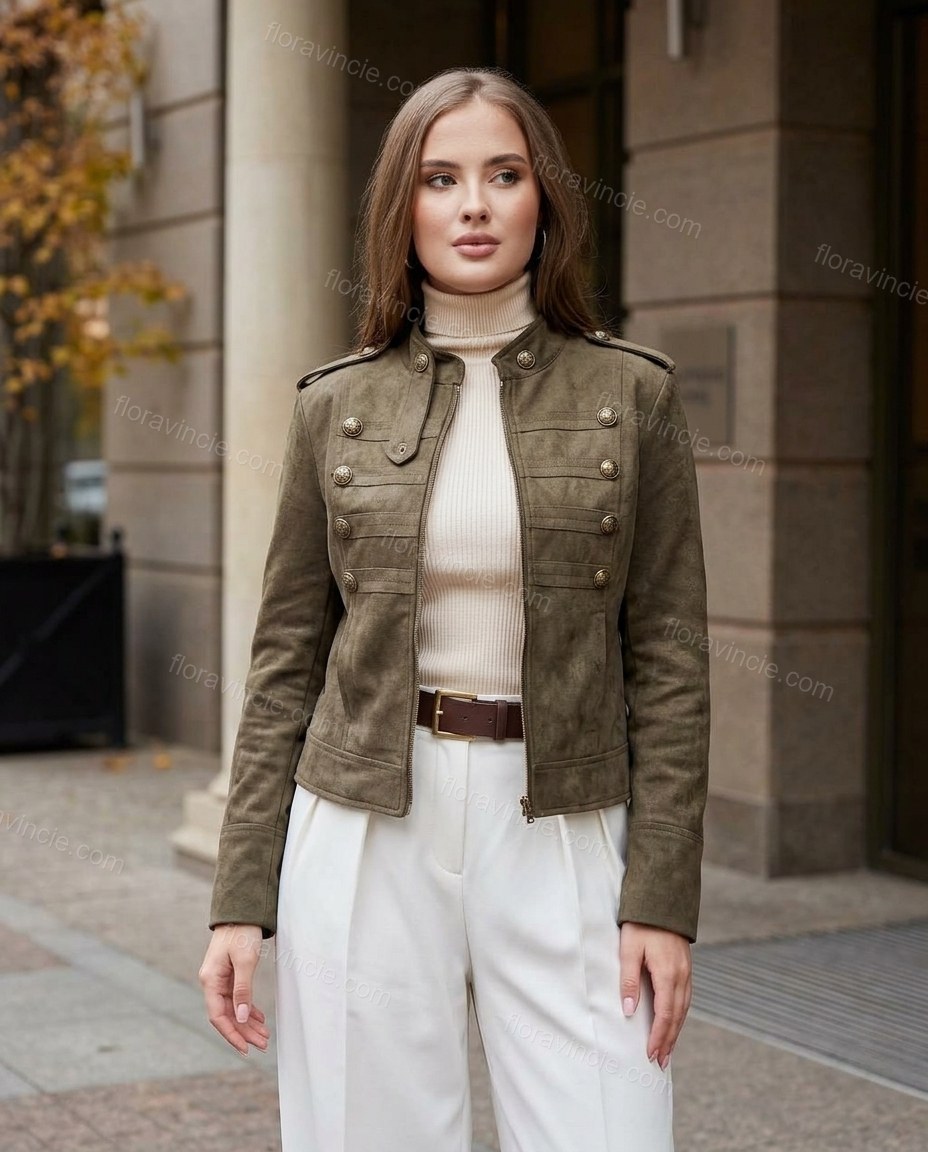 Olive Green Jacket, full-length hero view, by Floravincie