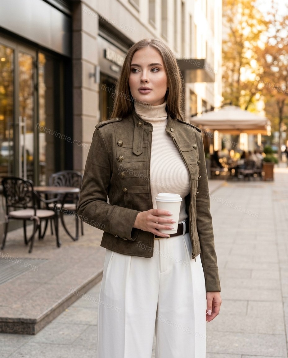 Olive Green Jacket, alternate use-case lifestyle view, by Floravincie