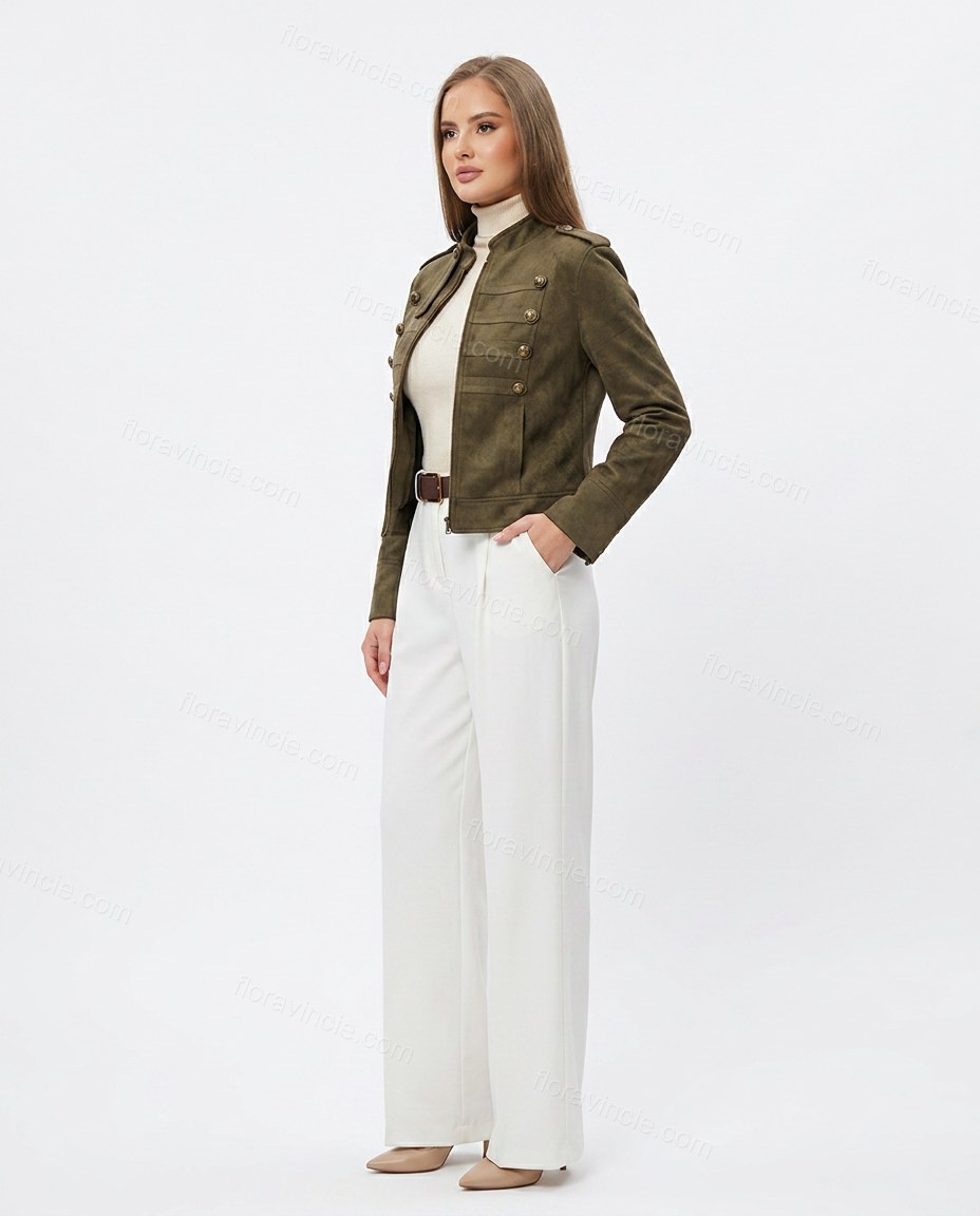 Olive Green Jacket, side and back studio view showing unclear, no visible back construction, by Floravincie