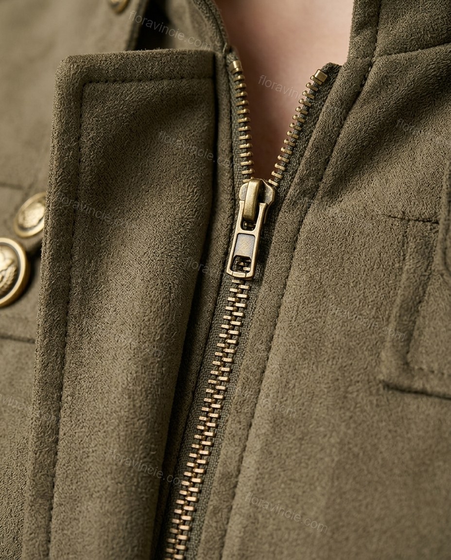 Olive Green Jacket, close-up of gold accents, front zipper closure and stand collar, by Floravincie