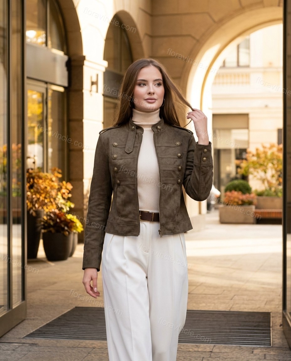 Olive Green Jacket, walking lifestyle view, by Floravincie
