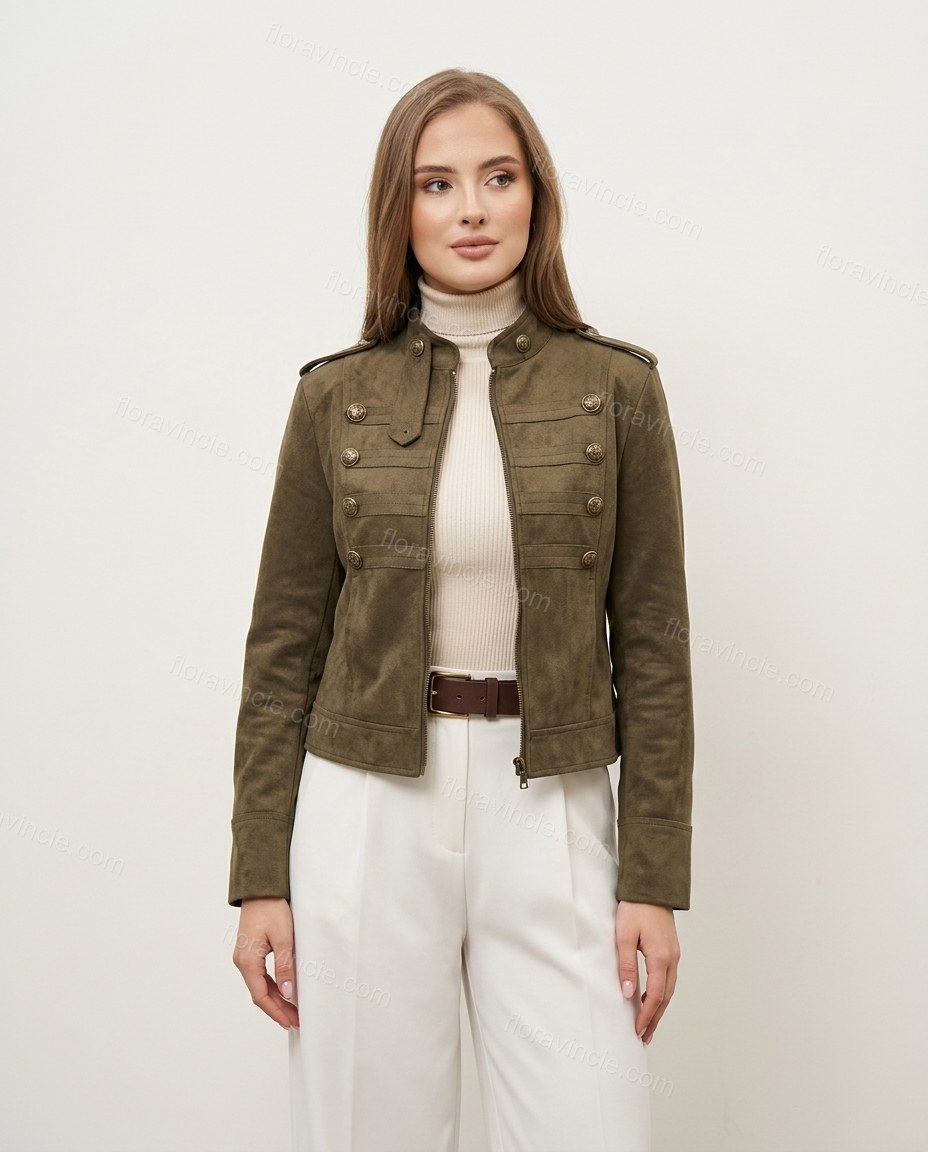 Olive Green Jacket, front studio view, by Floravincie