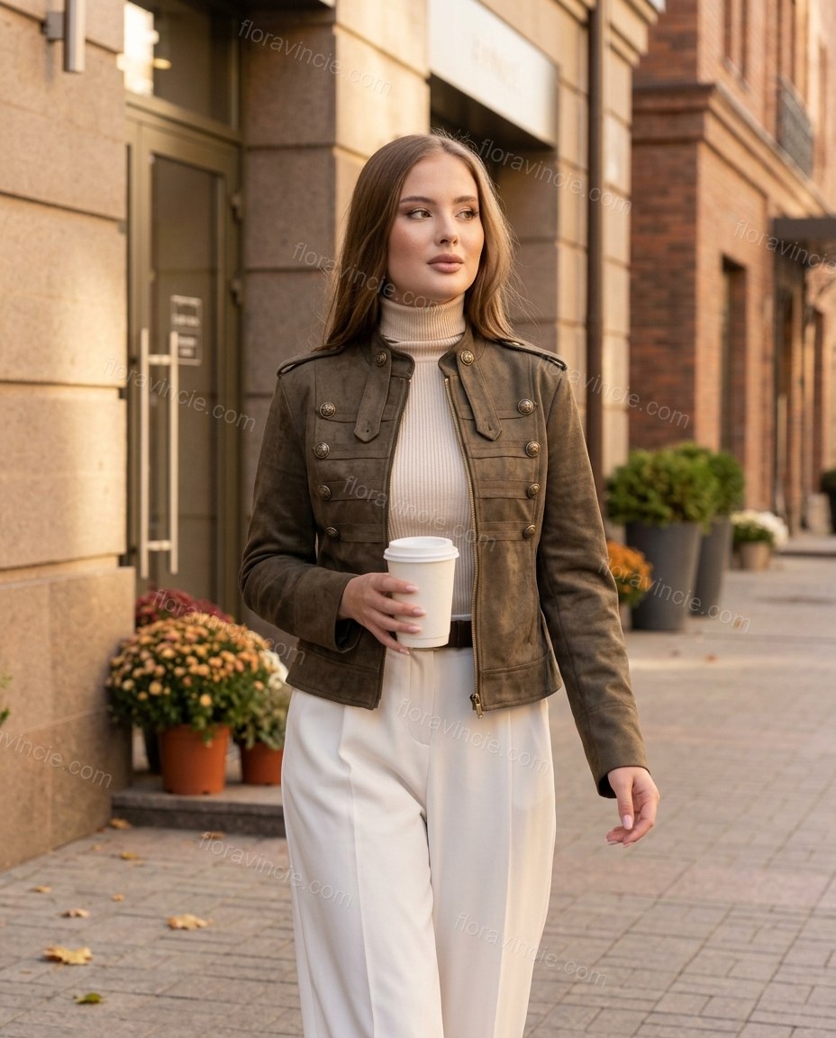 Olive Green Jacket, movement and fit lifestyle view, by Floravincie