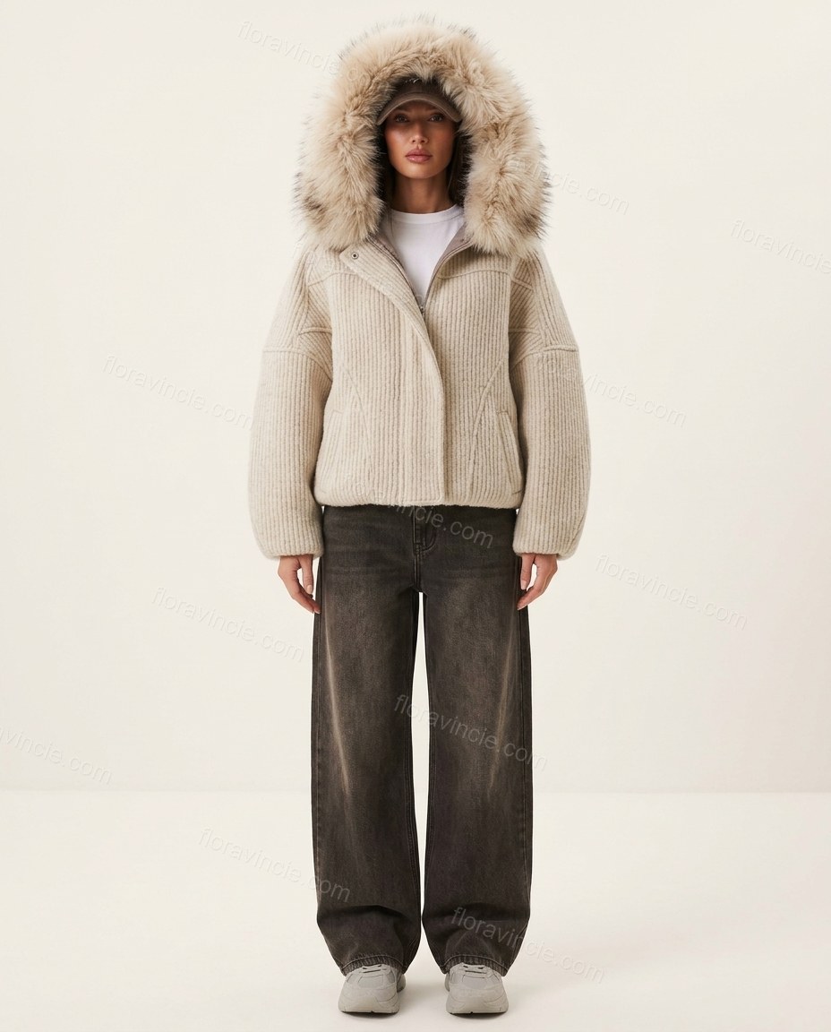 Light Beige Faux-Fur Jacket, front studio view, by Floravincie