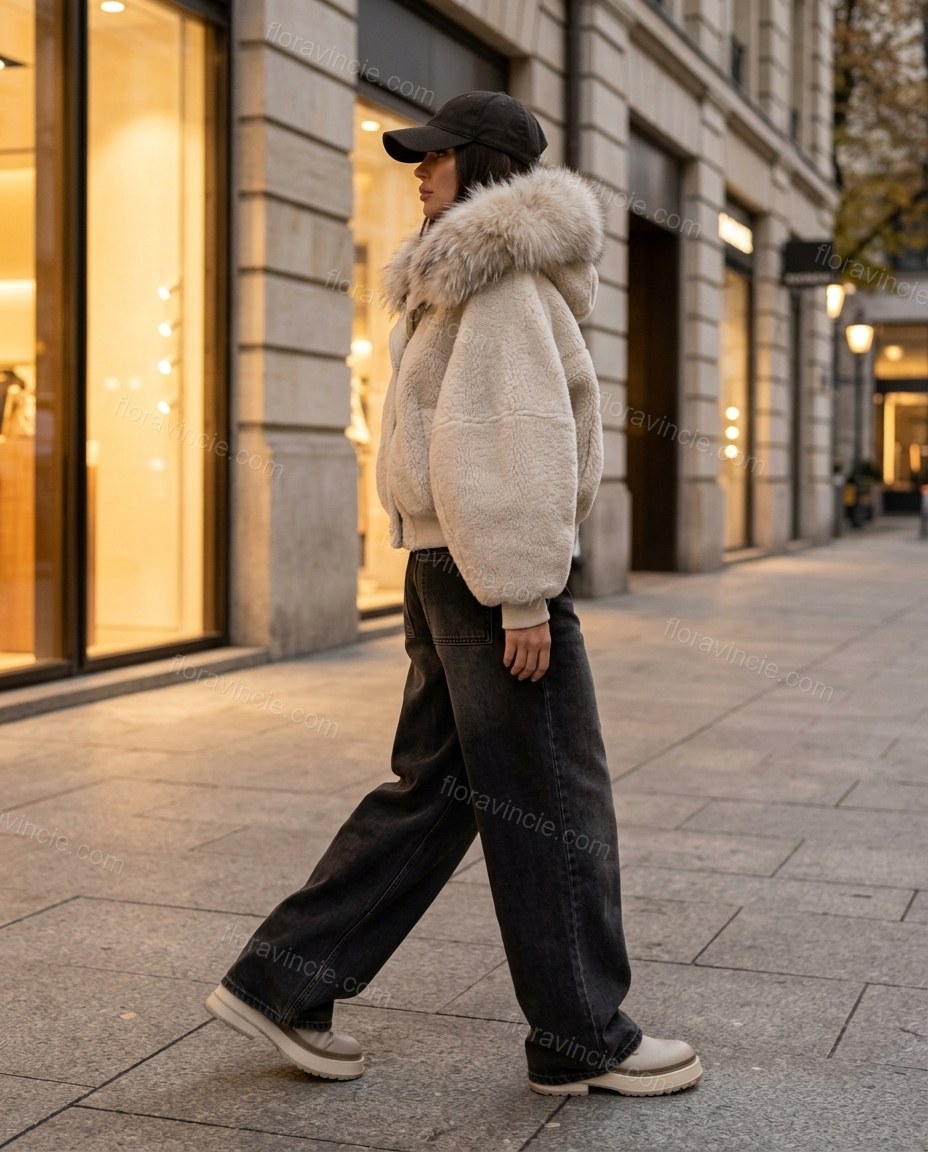 Light Beige Faux-Fur Jacket, walking lifestyle view, by Floravincie