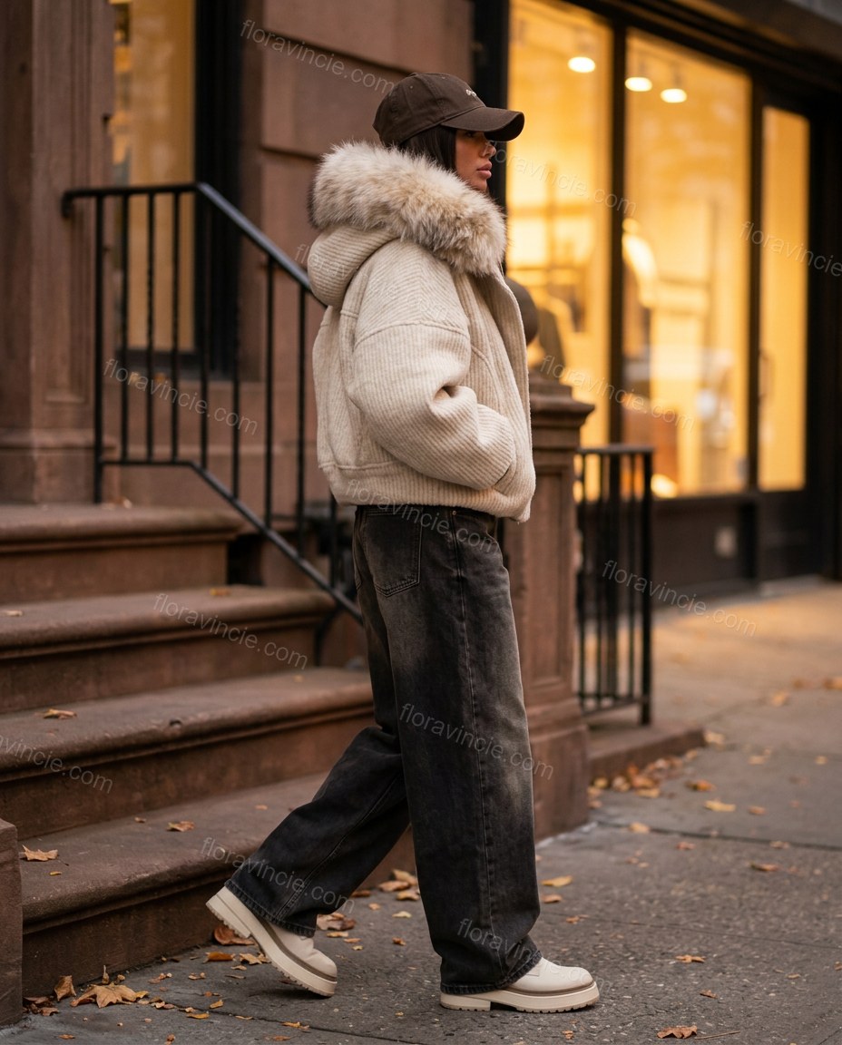 Light Beige Faux-Fur Jacket, movement and fit lifestyle view, by Floravincie