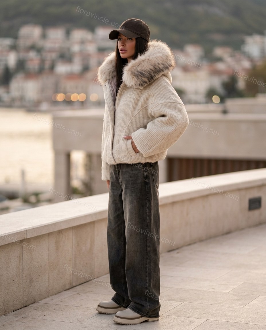 Light Beige Faux-Fur Jacket, three-quarter brand lifestyle view, by Floravincie