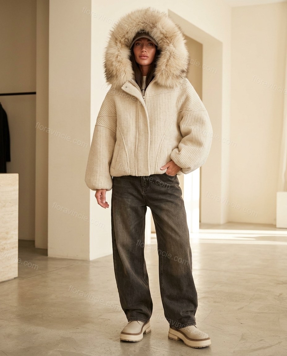 Light Beige Faux-Fur Jacket, full-length hero view, by Floravincie