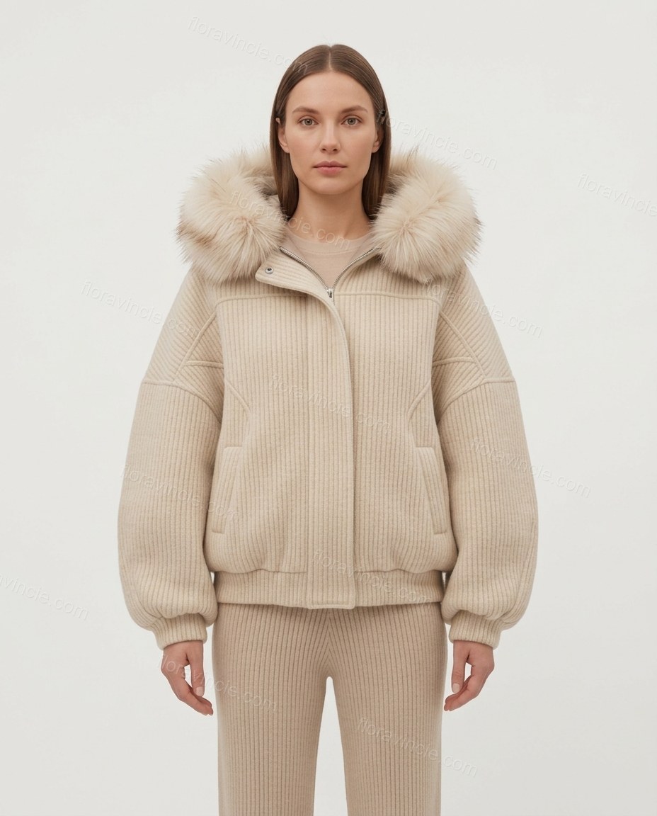 Light Beige Faux-Fur Knit Ribbed Jacket, front studio view, by Floravincie