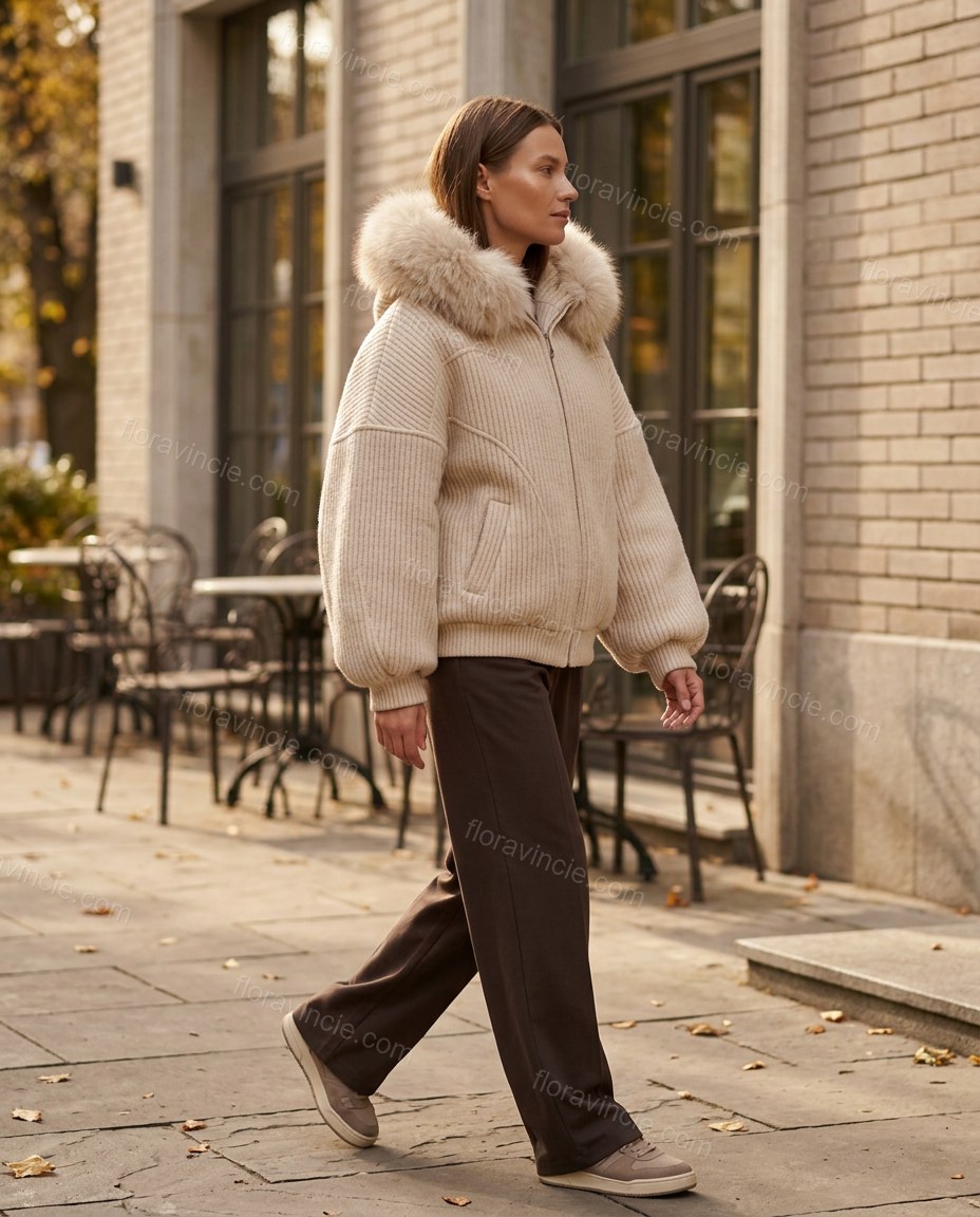 Light Beige Faux-Fur Knit Ribbed Jacket, three-quarter brand lifestyle view, by Floravincie