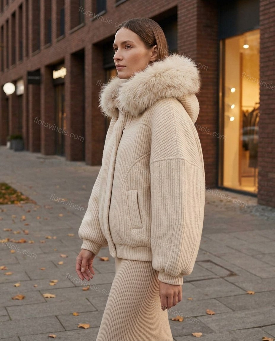 Light Beige Faux-Fur Knit Ribbed Jacket, movement and fit lifestyle view, by Floravincie