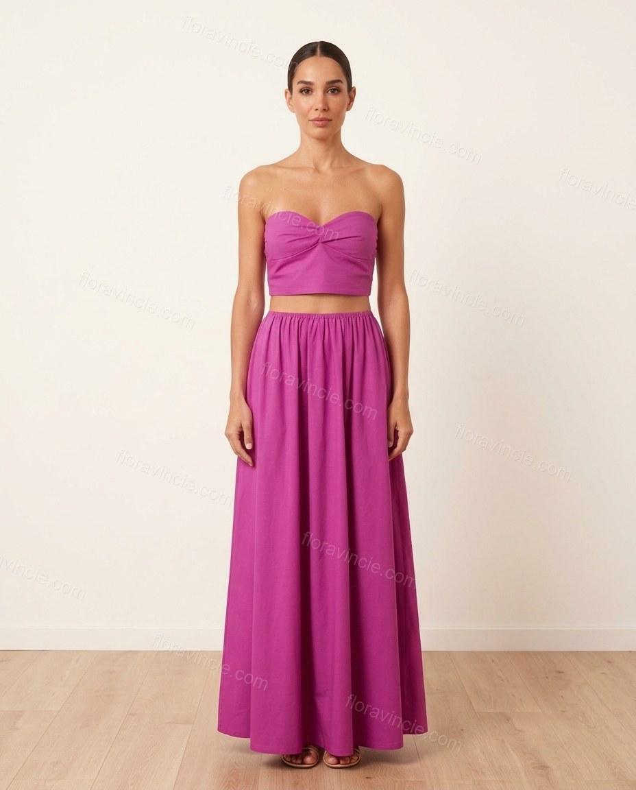 Magenta Maxi Strapless Top & Skirt Set, front studio view, by Floravincie