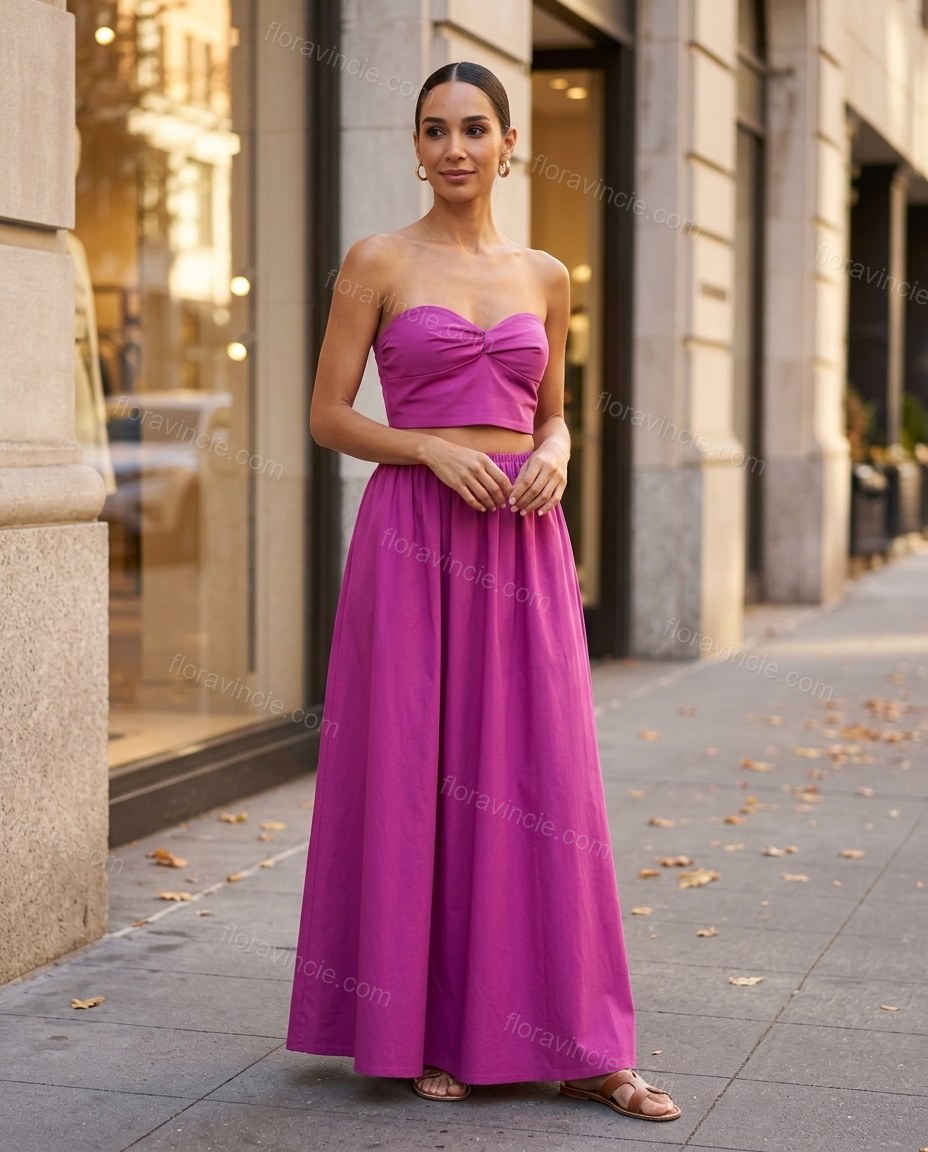 Magenta Maxi Strapless Top & Skirt Set, three-quarter brand lifestyle view, by Floravincie