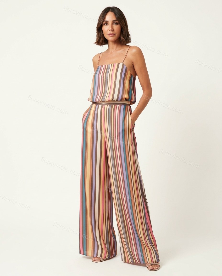 Multi-Color Striped Open-Back Cowl-Neck Jumpsuit, front studio view, by Floravincie