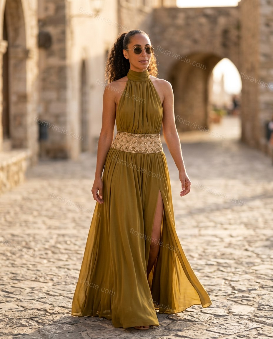 Olive Green Maxi Open-Back Halter Dress, alternate use-case lifestyle view, by Floravincie