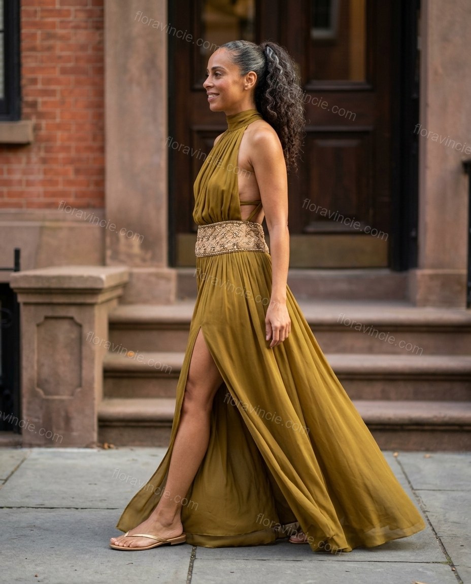 Olive Green Maxi Open-Back Halter Dress, three-quarter brand lifestyle view, by Floravincie