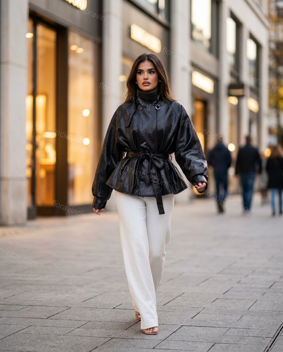 Black Peplum Jacket, walking lifestyle view, by Floravincie